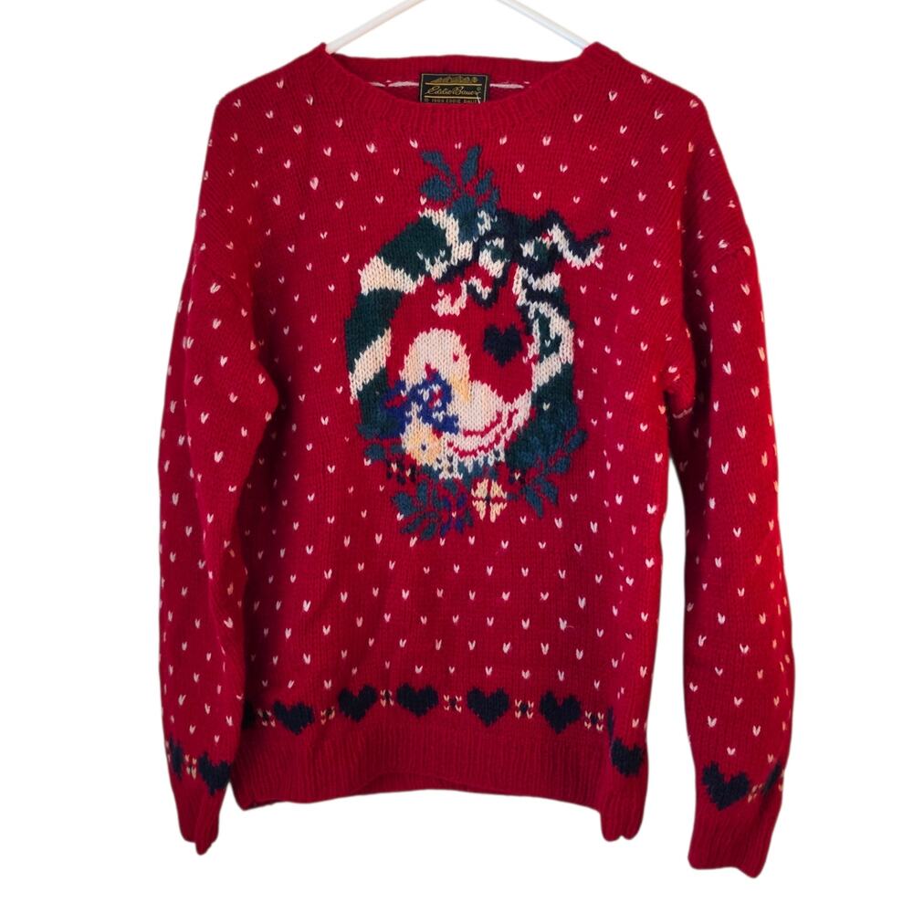 Vintage 80’s Eddie Bauer Intarsia Knit Holiday Christmas Sweater Goose Hearts S